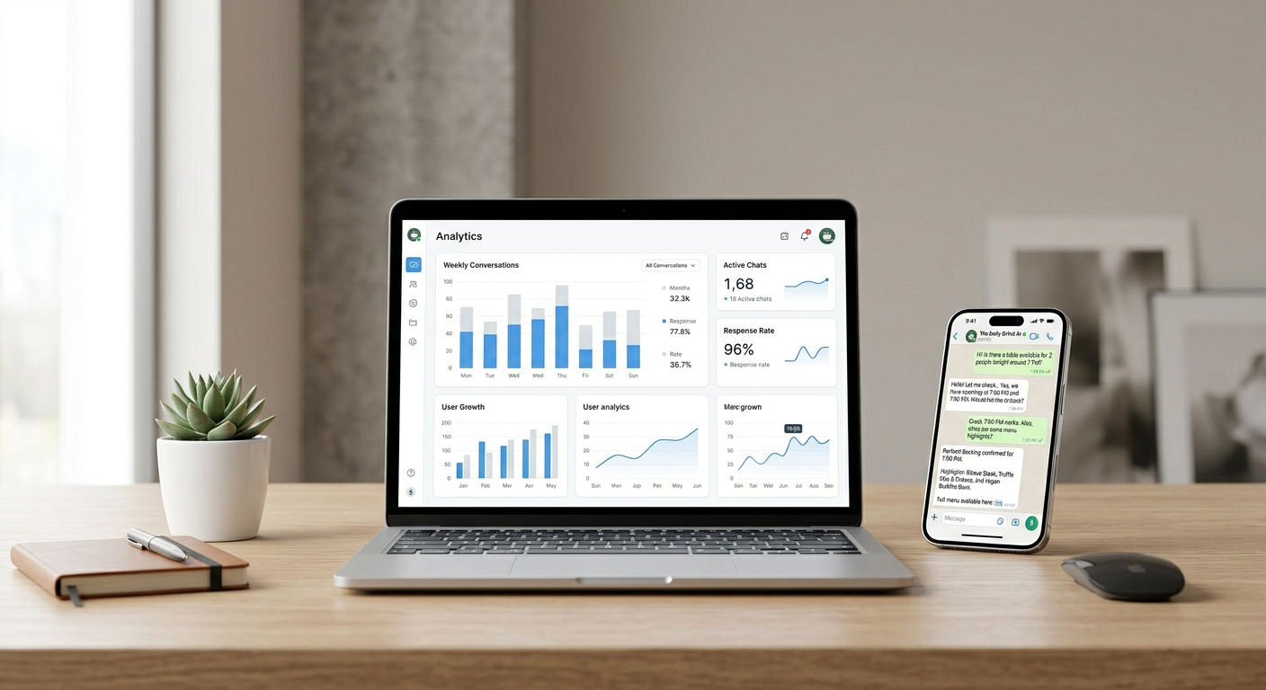 Operive WhatsApp chat and dashboard preview for AI front desk automation
