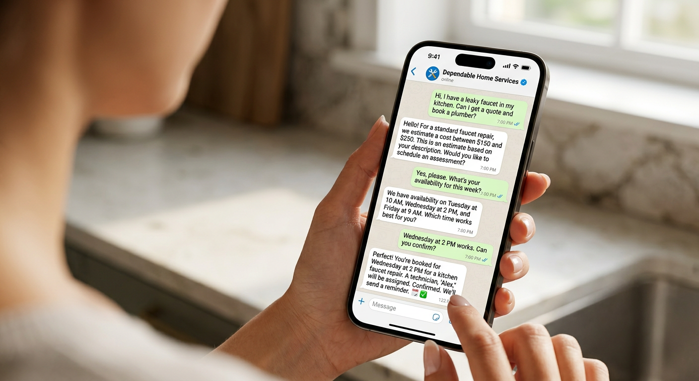 Home services customer messaging an AI intake assistant for availability, estimate, and booking