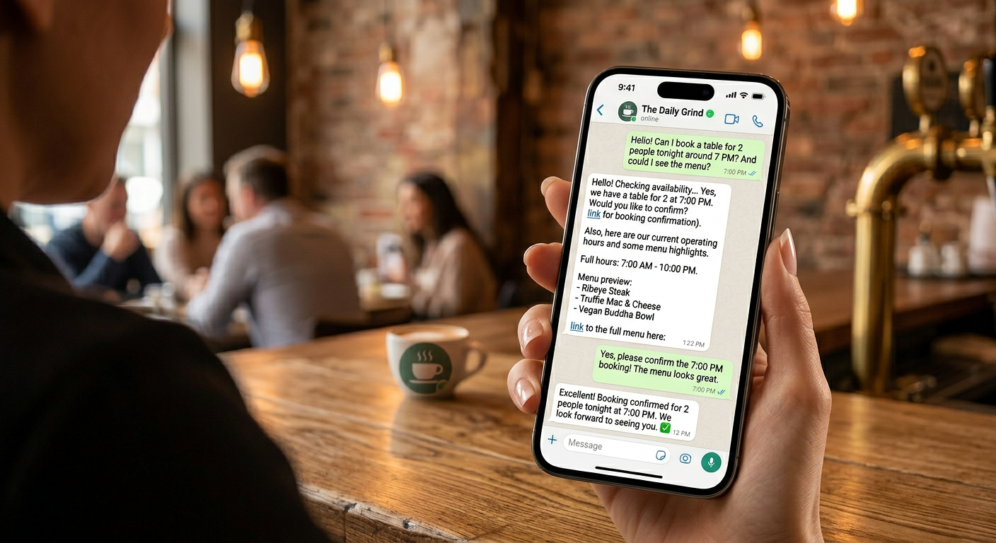 Restaurant customer messaging an AI front desk about reservations and menu questions