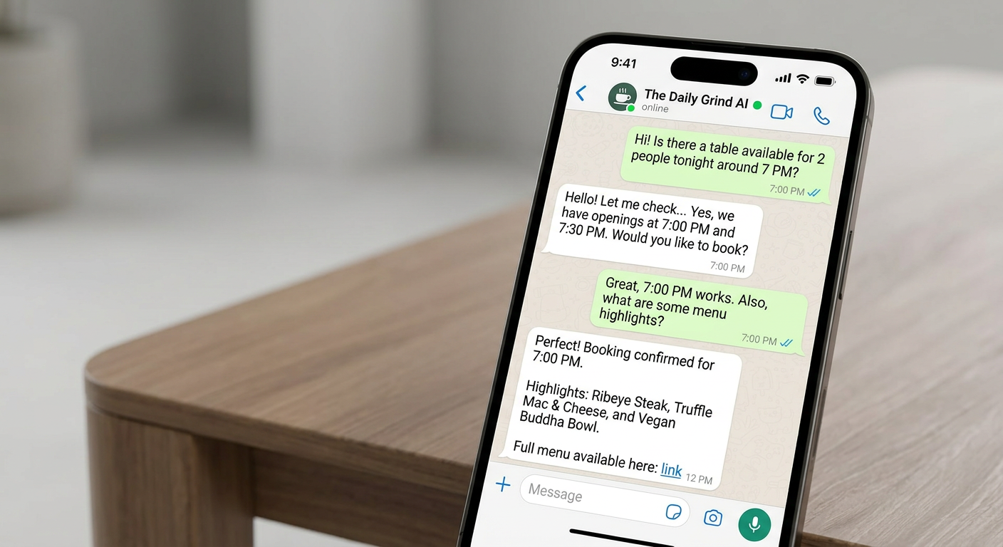 WhatsApp reservation conversation handled by an AI restaurant front desk